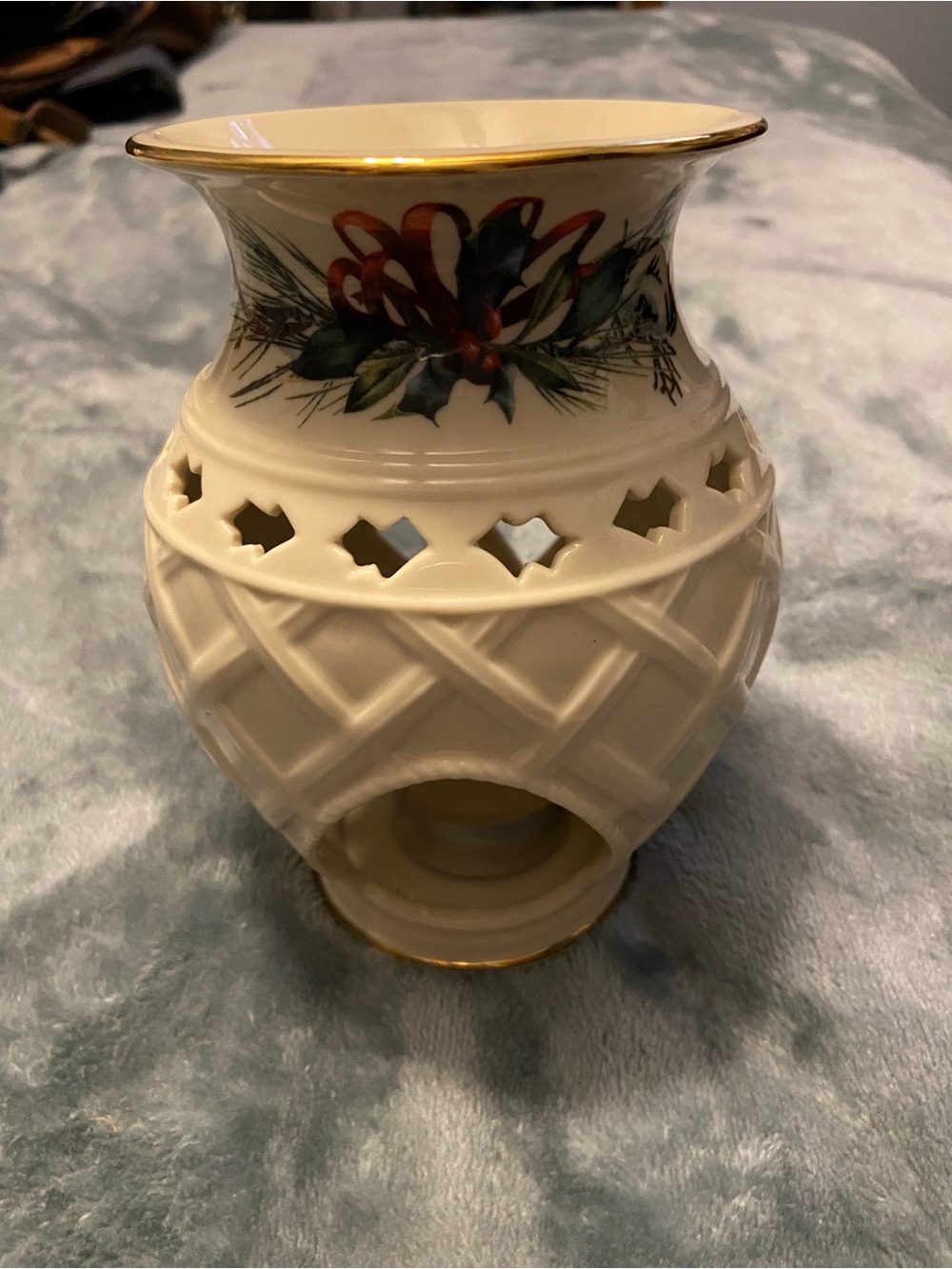 Lenox Cream Ceramic Votive Warmer with Red Ribbon and Green Foliage